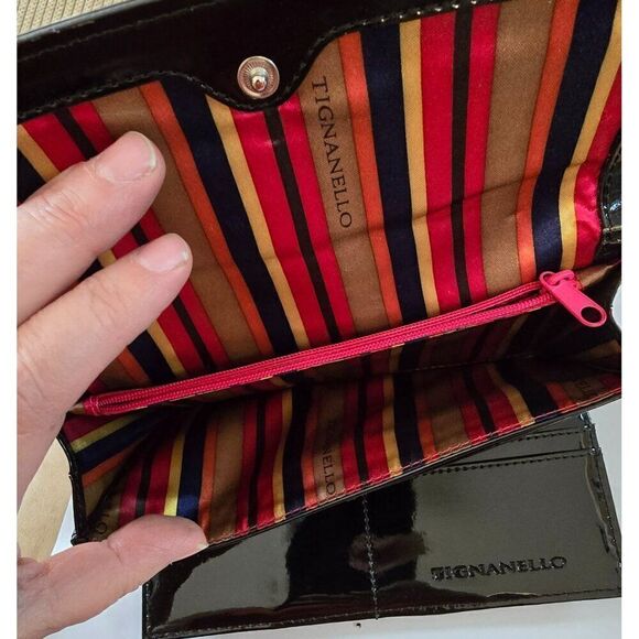 Tignanello Black Patent Leather Wallet With Colorful Striped Interior - Picture 8 of 9